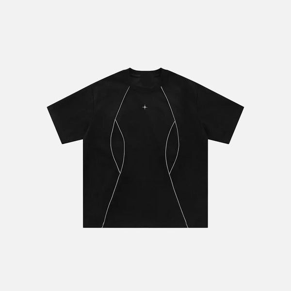 Front view of the black view of the gray Solid Stripes Loose T-Shirt in a gray background