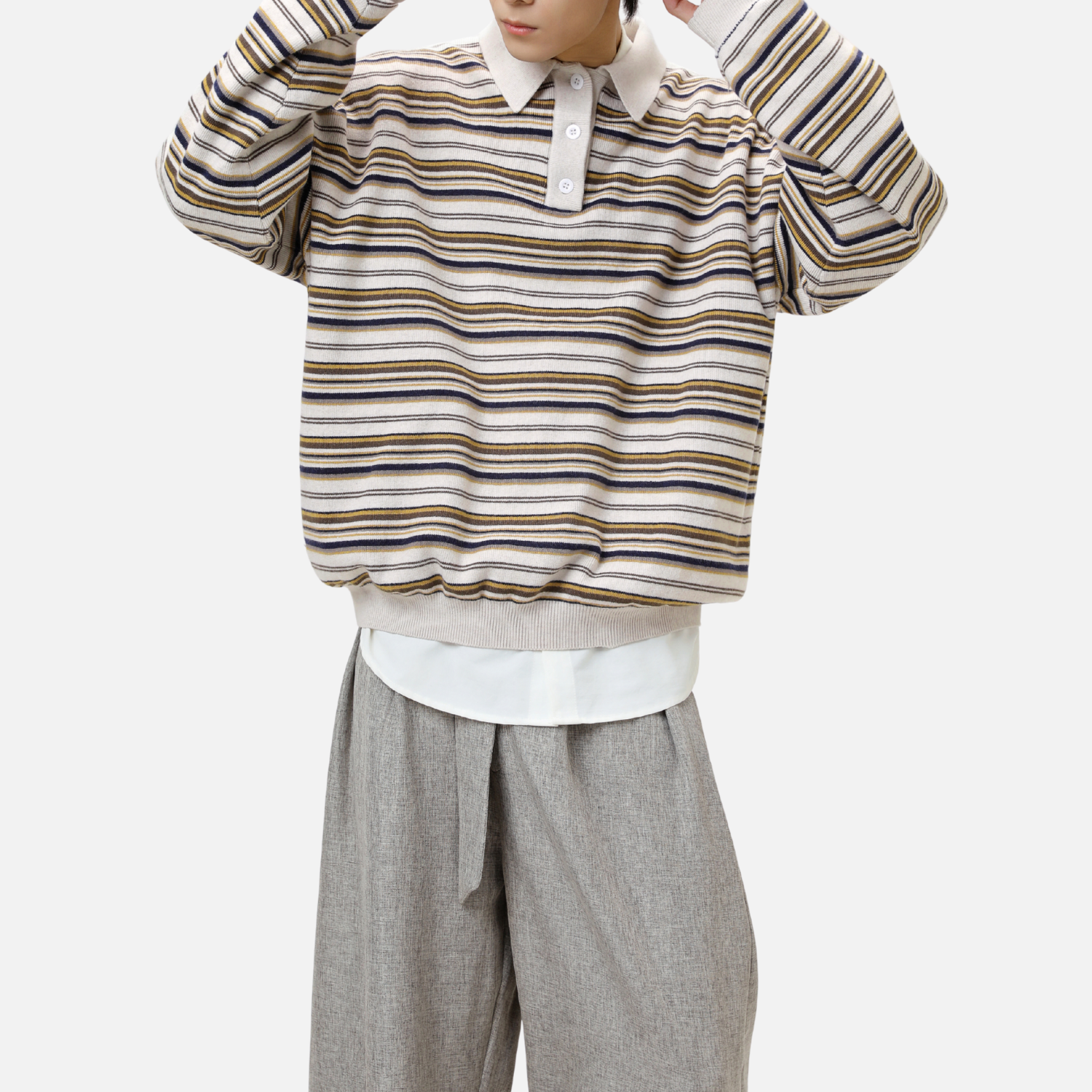 Japanese Retro Colorblock Stripe Polo Sweater