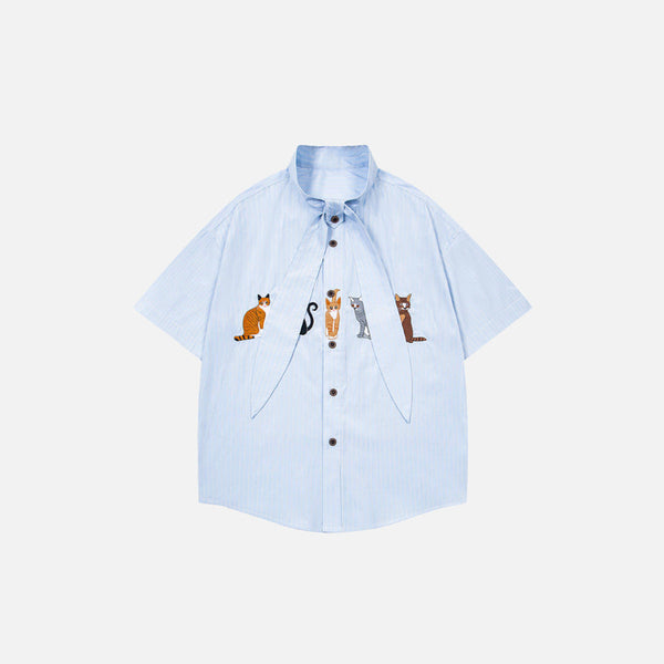 Cool Cartoon Kitten Stripe Short-Sleeve Shirt
