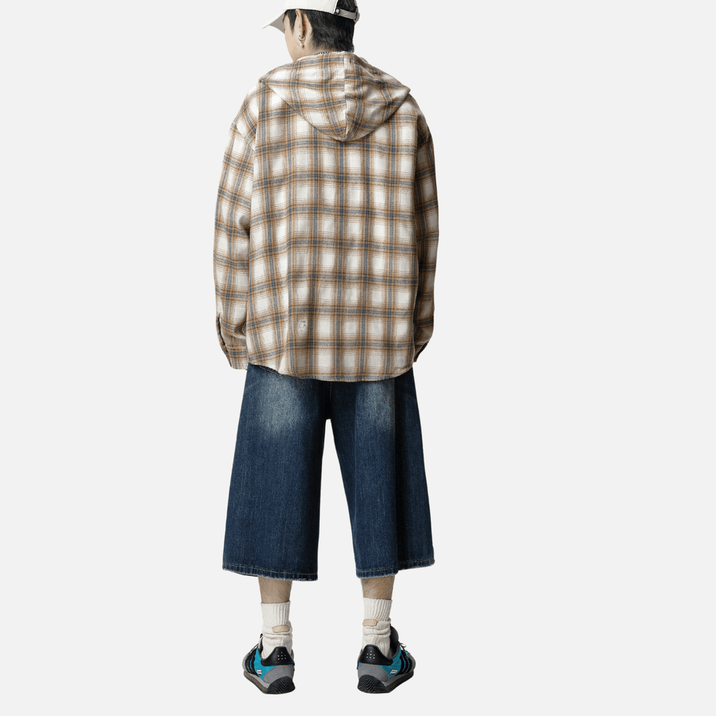 Colorblock Plaid Hooded Shirt