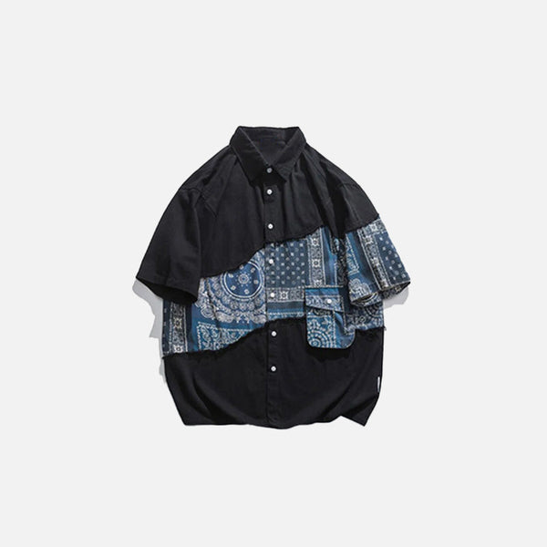 Front view of the black Bandanna Patchwork Shirt in a gray background