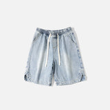Front view of the sky blue Casual Solid Sports Denim Shorts in a gray background