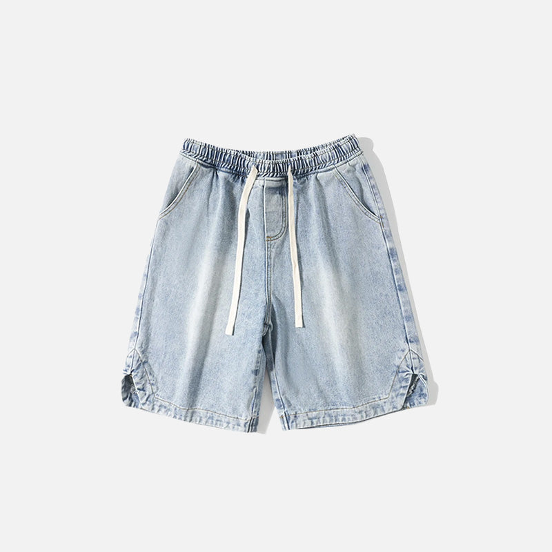 Front view of the sky blue Casual Solid Sports Denim Shorts in a gray background