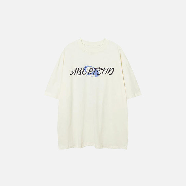 Front view of the beige Midnight Aura Aborted T-shirt in a gray background