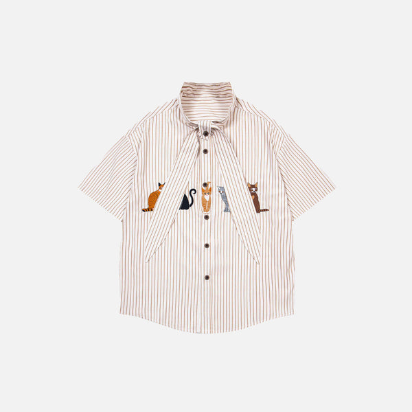 Cool Cartoon Kitten Stripe Short-Sleeve Shirt
