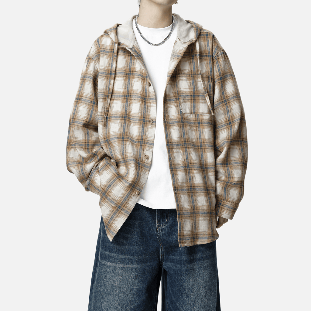 Colorblock Plaid Hooded Shirt