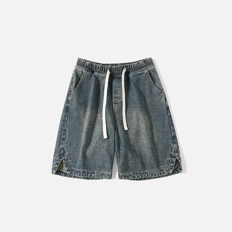 Front view of the dark blue Casual Solid Sports Denim Shorts in a gray background