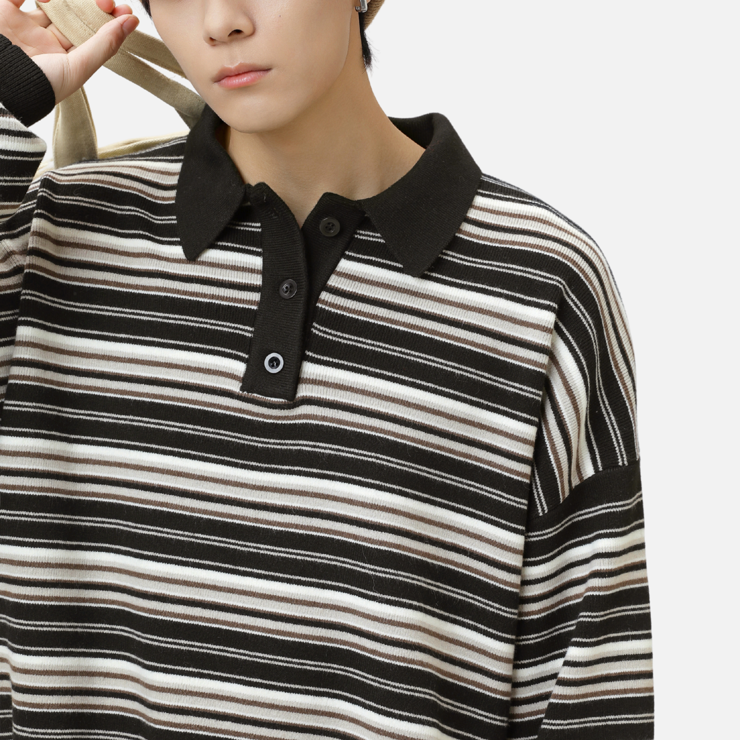 Japanese Retro Colorblock Stripe Polo Sweater