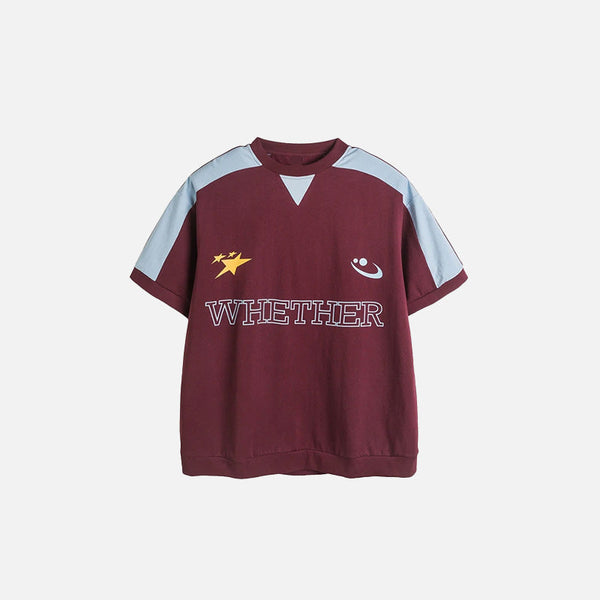 Front view of the red Loose Graphic Sports T-shirt in a gray background