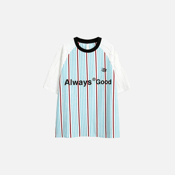 Front view of the blue Striped Casual Raglan T-shirt in a gray background