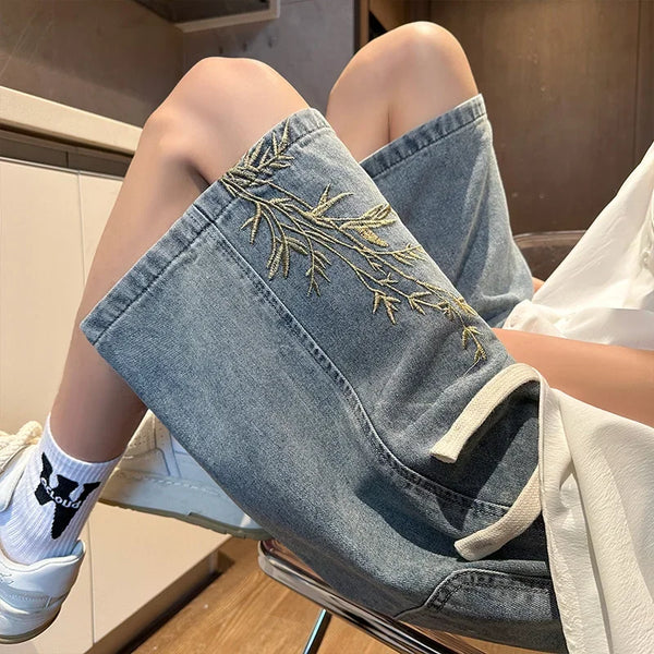 Baggy Embroidered Denim Shorts