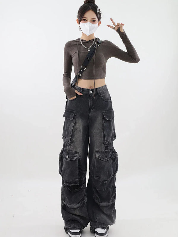Y2K Belted Dark Wash Cargo Jeans