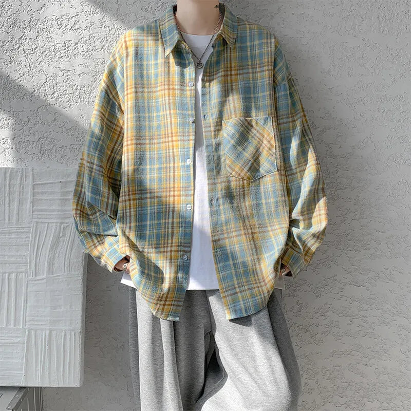 Retro Plaid Loose Casual Men Shirt