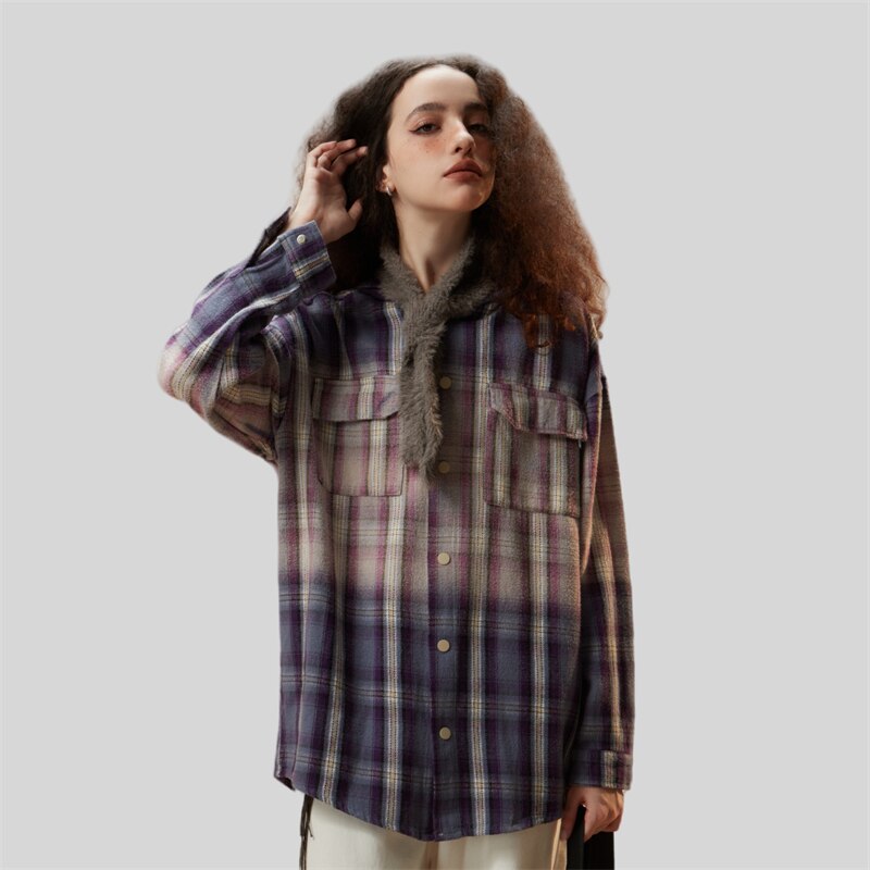 Vintage Plaid Gradient Hooded Shirt