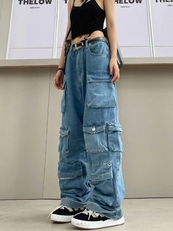Multi-Pocket Blue Washed Cargo Pants