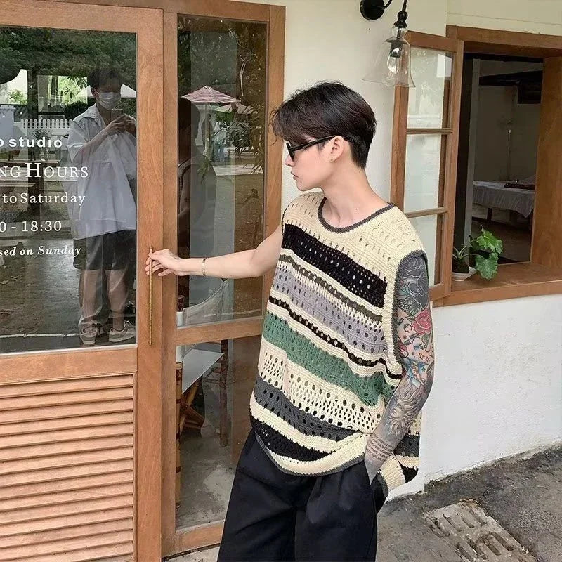 Model wearing the green Patterned Crochet Open Vest 