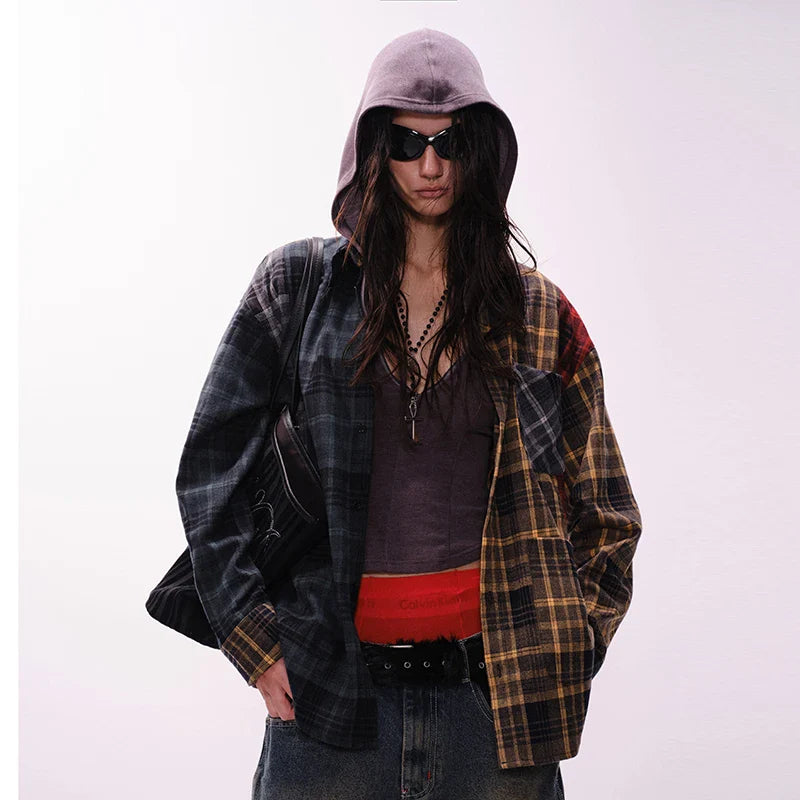 Oversized Loose Patchwork Long Sleeve Flannel Shirt
