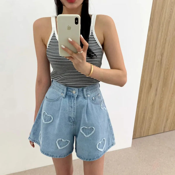 Denim Sky Blue Heart Embroidery Shorts