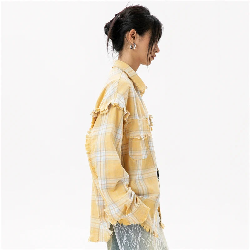 Stylish Yellow Plaid Cotton Blouses Shirt