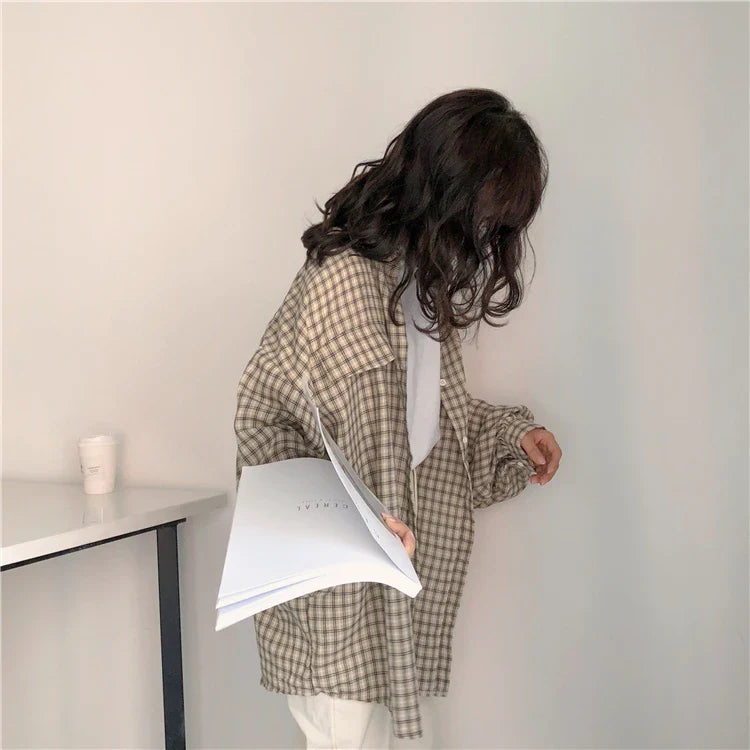 Soft Girl Plaid Casual Button-Up Shirt