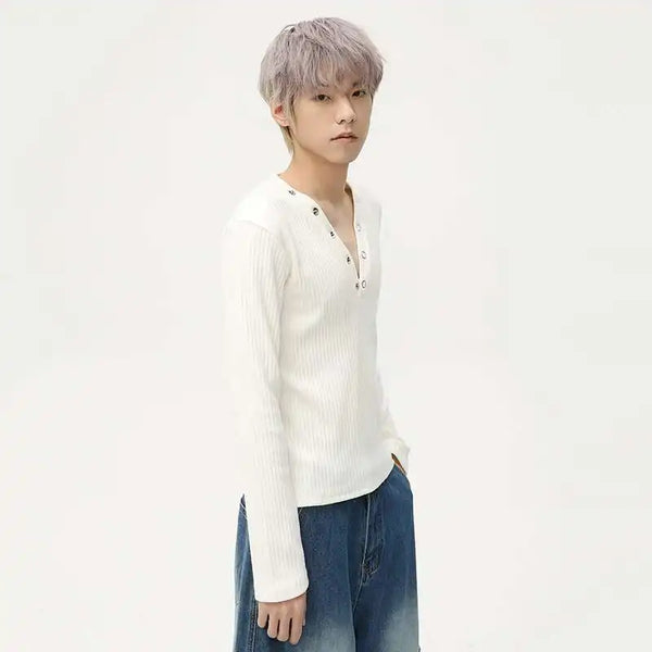 V-neck Knitting Button Long Sleeved T-shirts