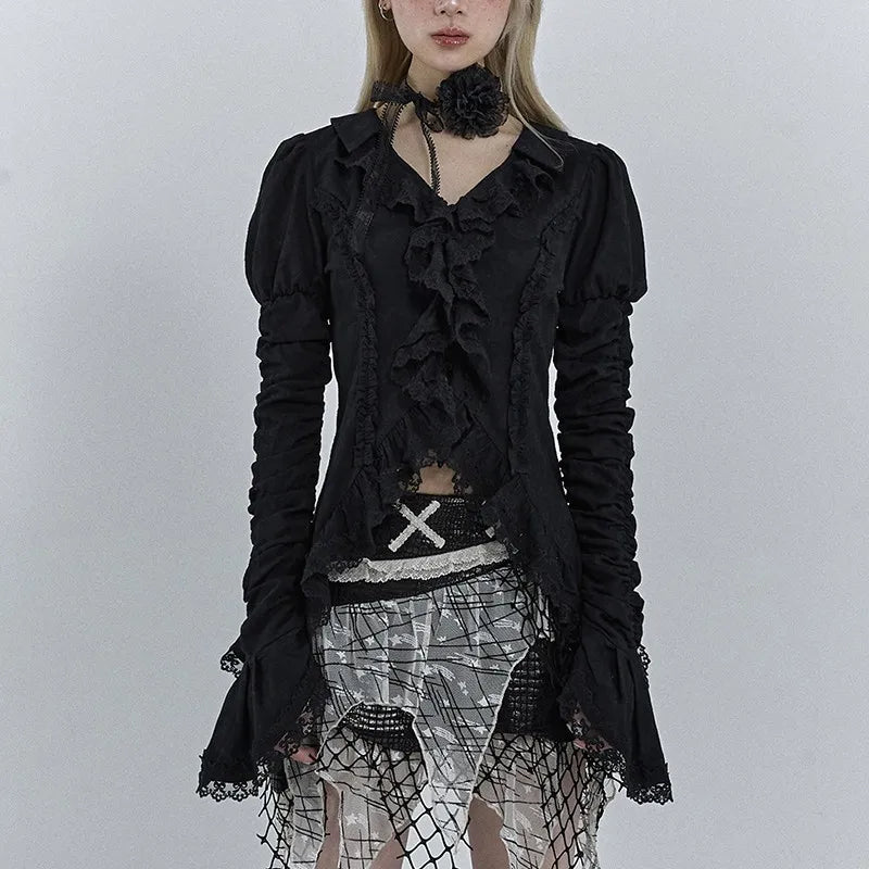 Vintage Gothic Black Lace Flare Shirt