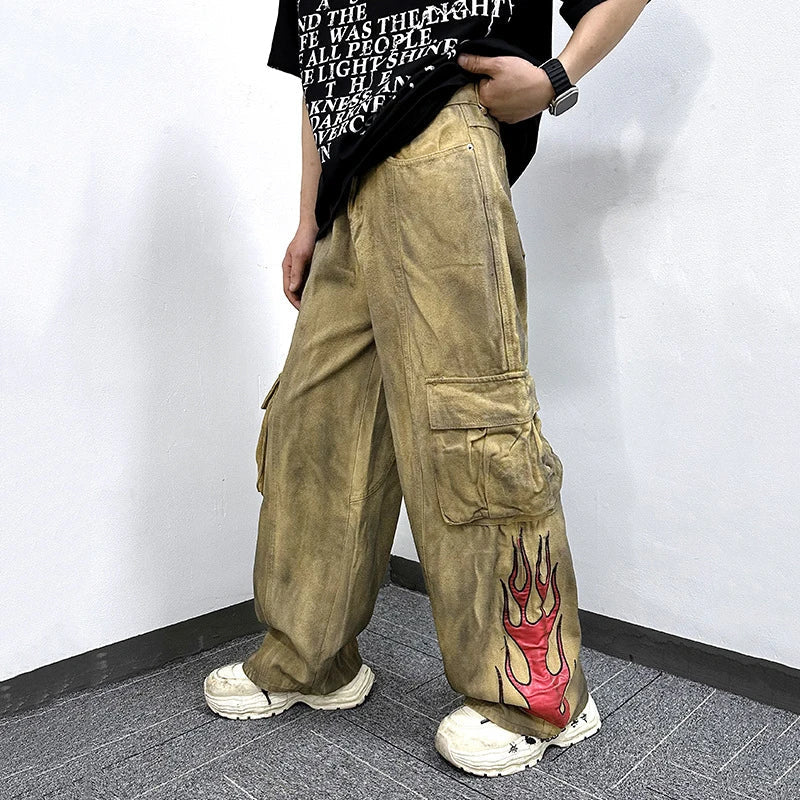 Flame Print  Style Tie Dye Cargo Pants