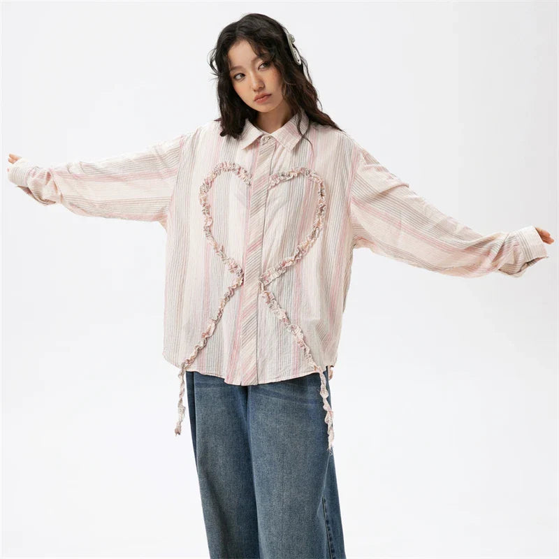 Heart Embroidery Long Sleeve Shirt