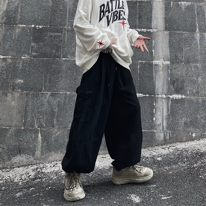 Solid Baggy Wide-Leg Cargo Pants