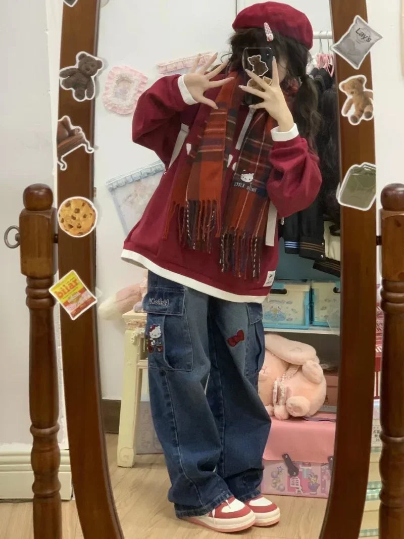 Model wearing the blue Embroidered Cargo Pants