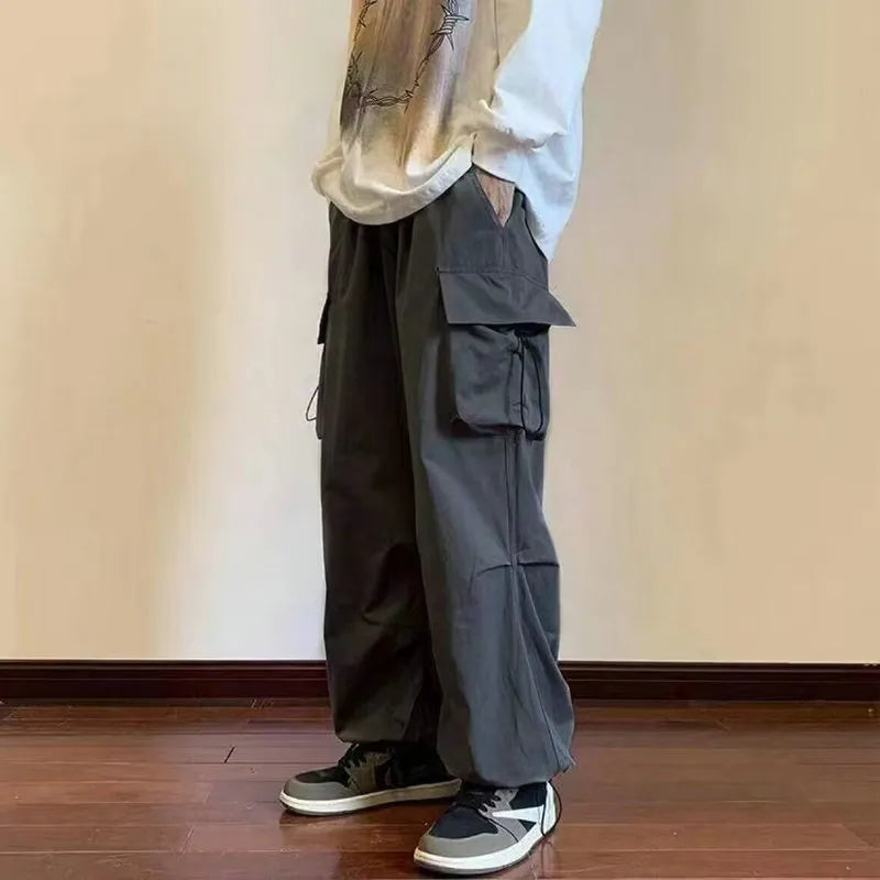 Loose Elastic Waist Solid Color Cargo Pants