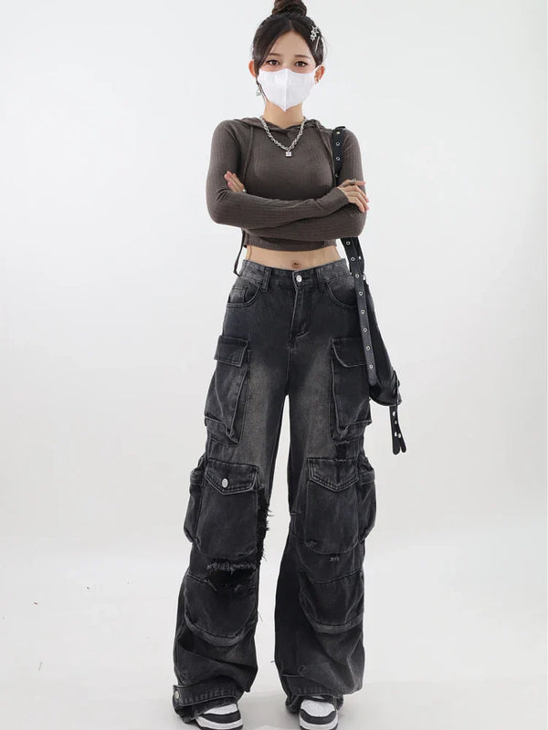 Y2K Belted Dark Wash Cargo Jeans