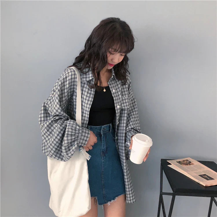 Soft Girl Plaid Casual Button-Up Shirt