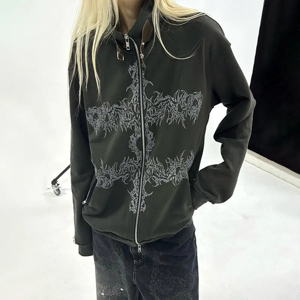 Grunge Aesthetics Tattoo Print Zipper Shirt