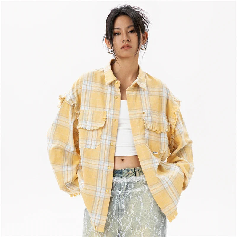 Stylish Yellow Plaid Cotton Blouses Shirt