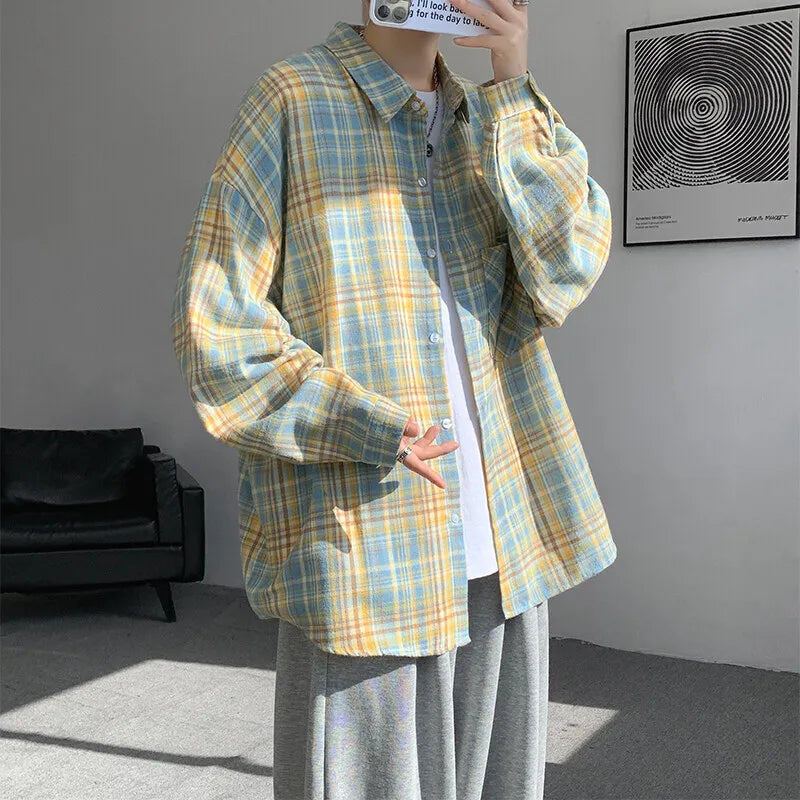 Retro Plaid Loose Casual Men Shirt