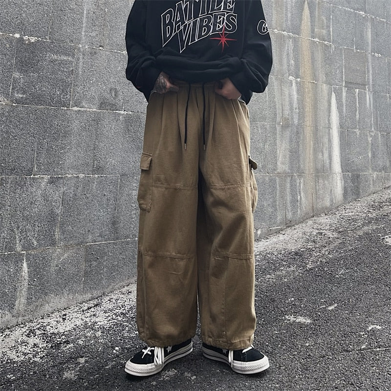 Solid Baggy Wide-Leg Cargo Pants