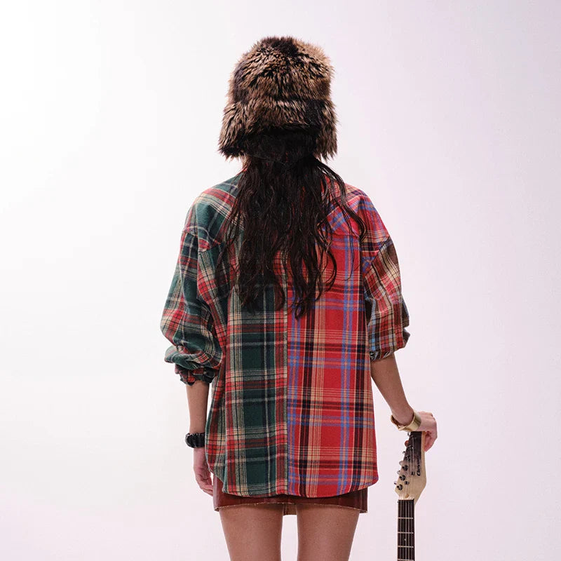 Patchwork Plaid Button-Up Shirt