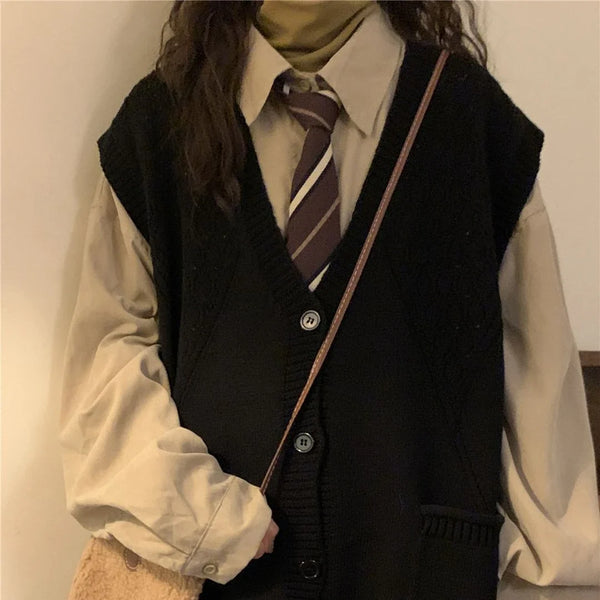 Dark Academia Deep V-Neck Sleeveless Cardigan