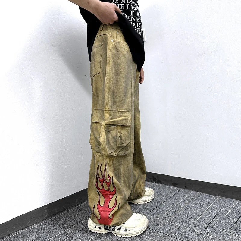 Flame Print  Style Tie Dye Cargo Pants