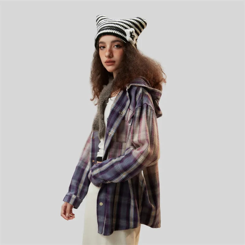 Vintage Plaid Gradient Hooded Shirt