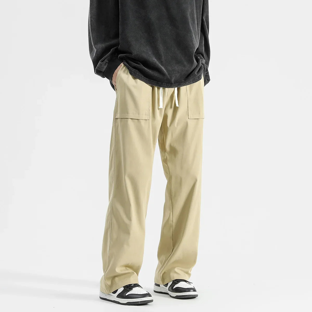 Model wearing the khaki Wide-Leg Drawstring Cargo Pants