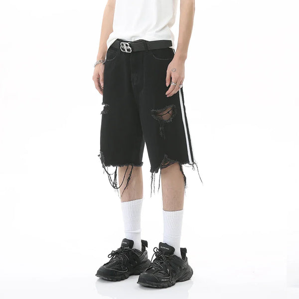 Side-Striped Ripped Denim Shorts