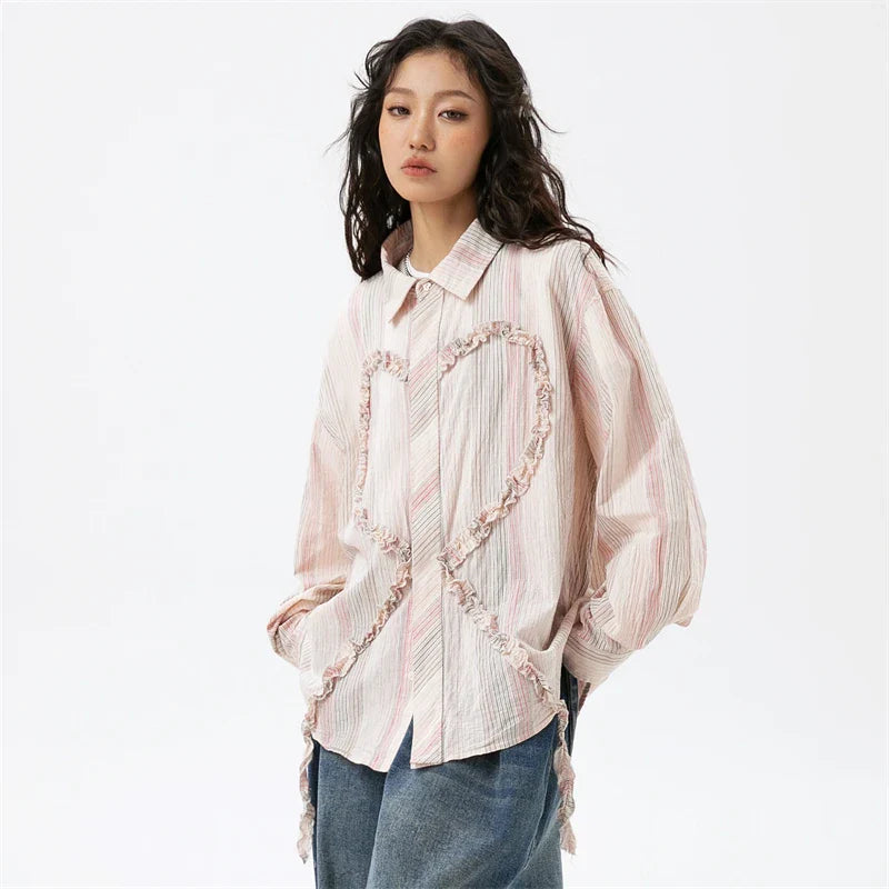 Heart Embroidery Long Sleeve Shirt