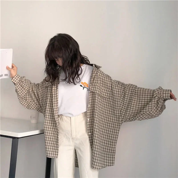 Soft Girl Plaid Casual Button-Up Shirt