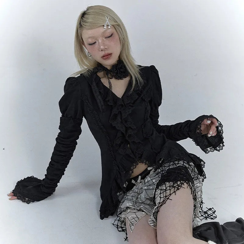 Vintage Gothic Black Lace Flare Shirt