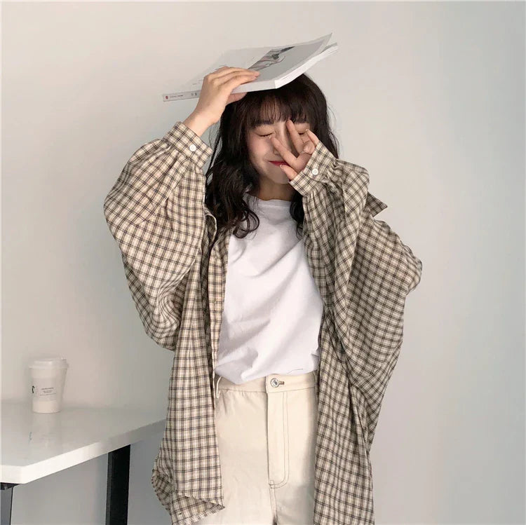 Soft Girl Plaid Casual Button-Up Shirt