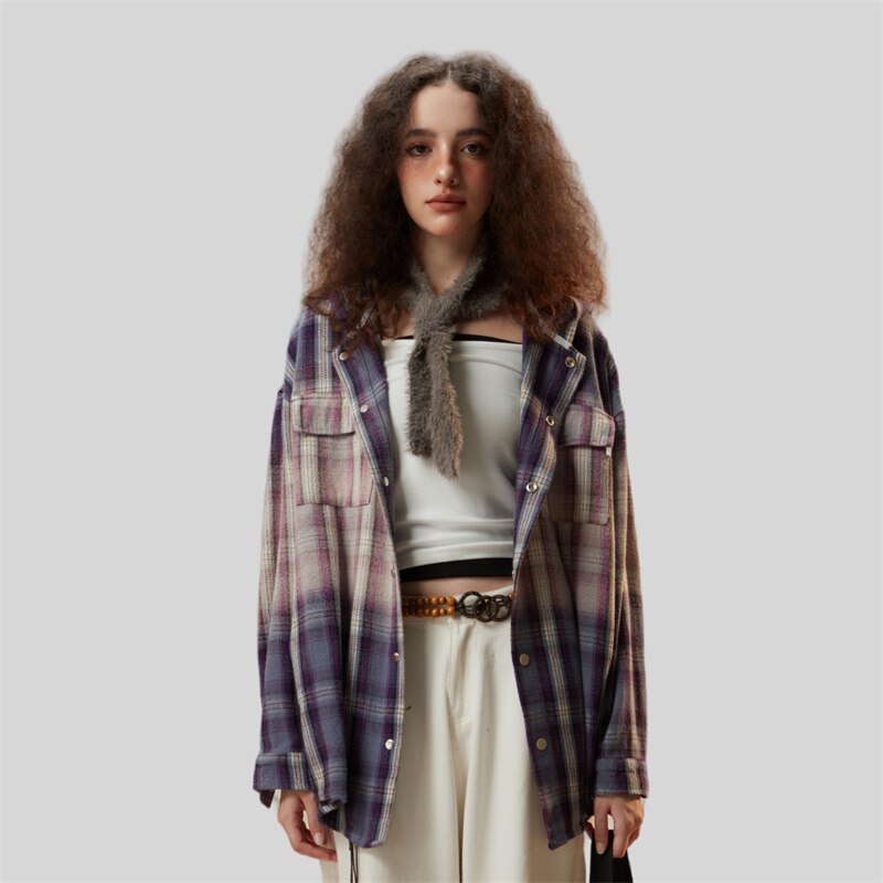 Vintage Plaid Gradient Hooded Shirt