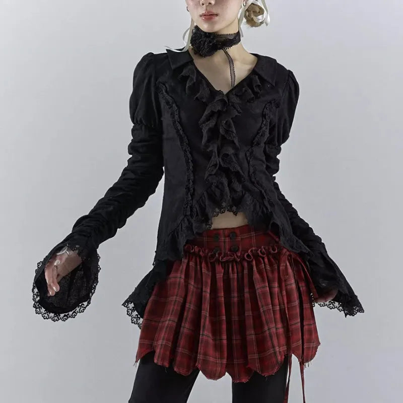 Vintage Gothic Black Lace Flare Shirt
