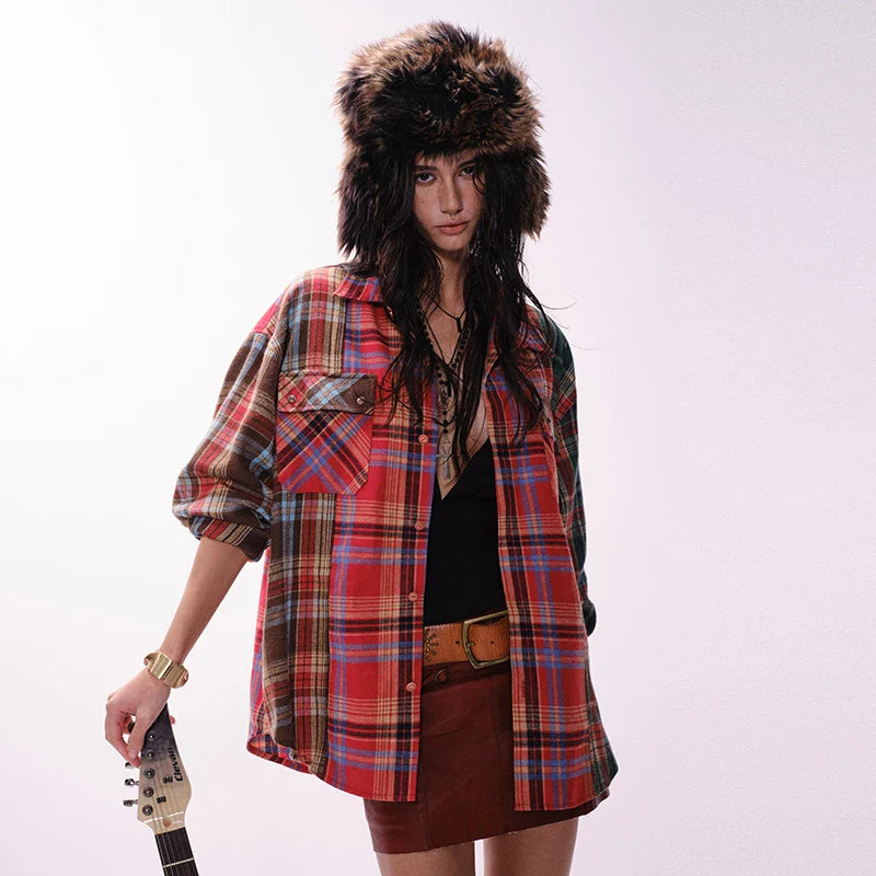 Patchwork Plaid Button-Up Shirt